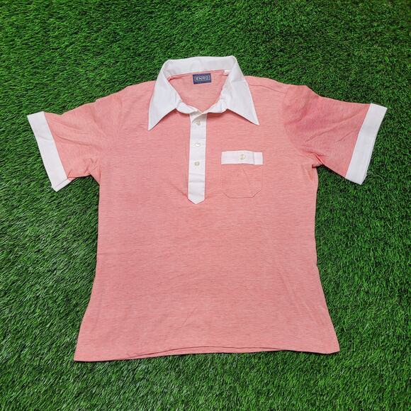 VTG 70s Enro Dagger Collar Disco Polo Shirt Mens Medium Coral Pink Contrast Trim - Picture 1 of 7